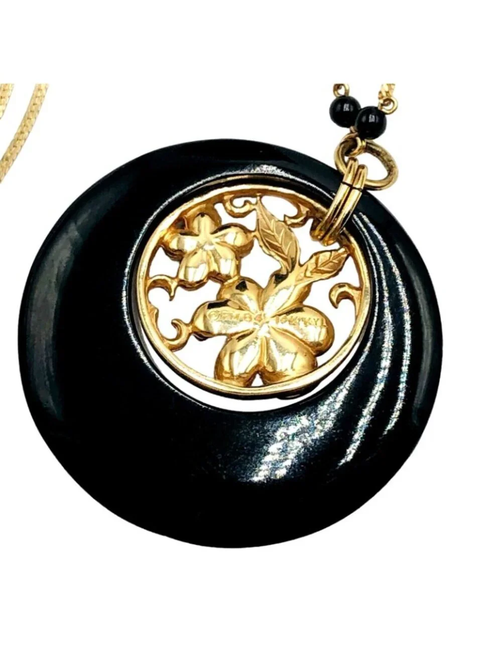 14k Yellow Gold Necklace Black Gemstone Pendant Vintage 16.2 Gram